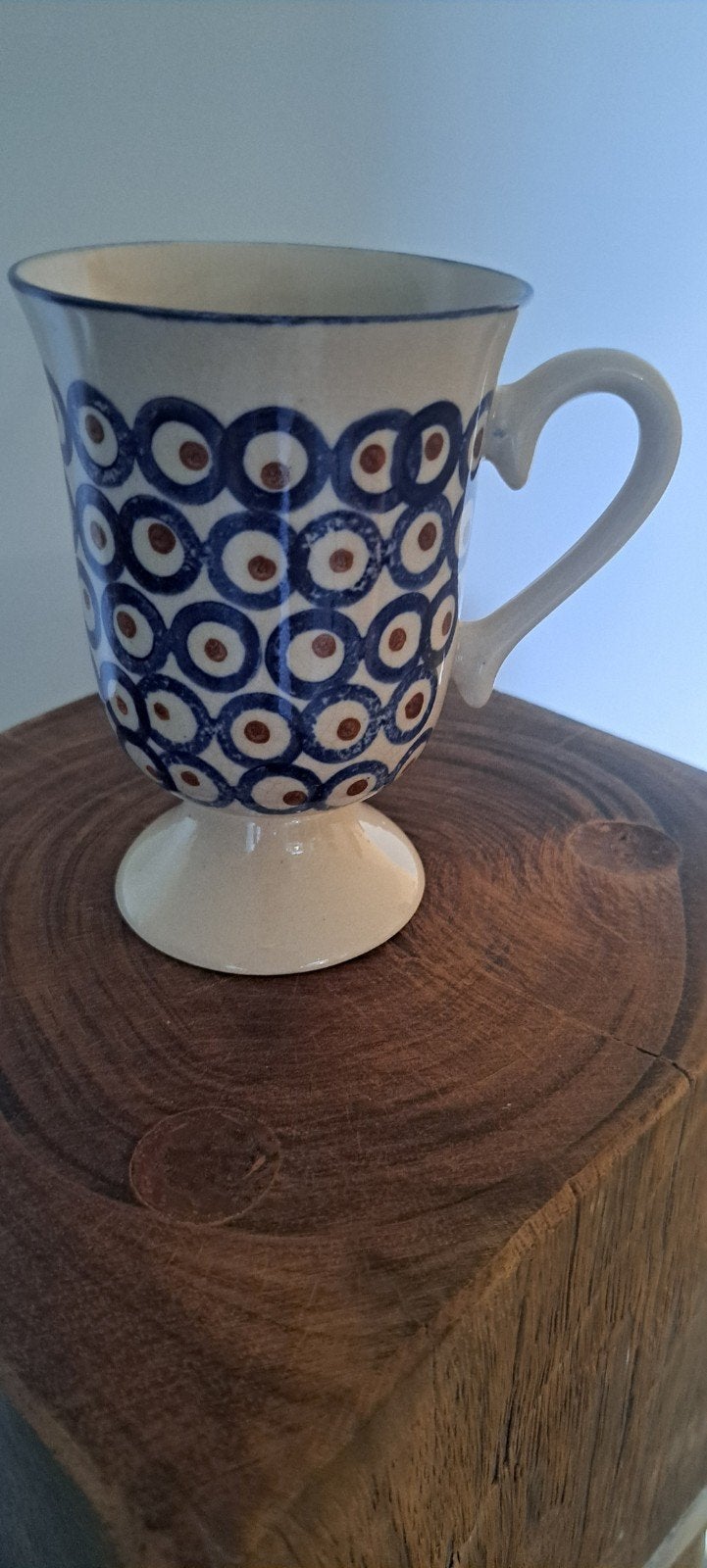 Mooie keramische mok met blauw-bruin patroon, Ophalen of Verzenden
