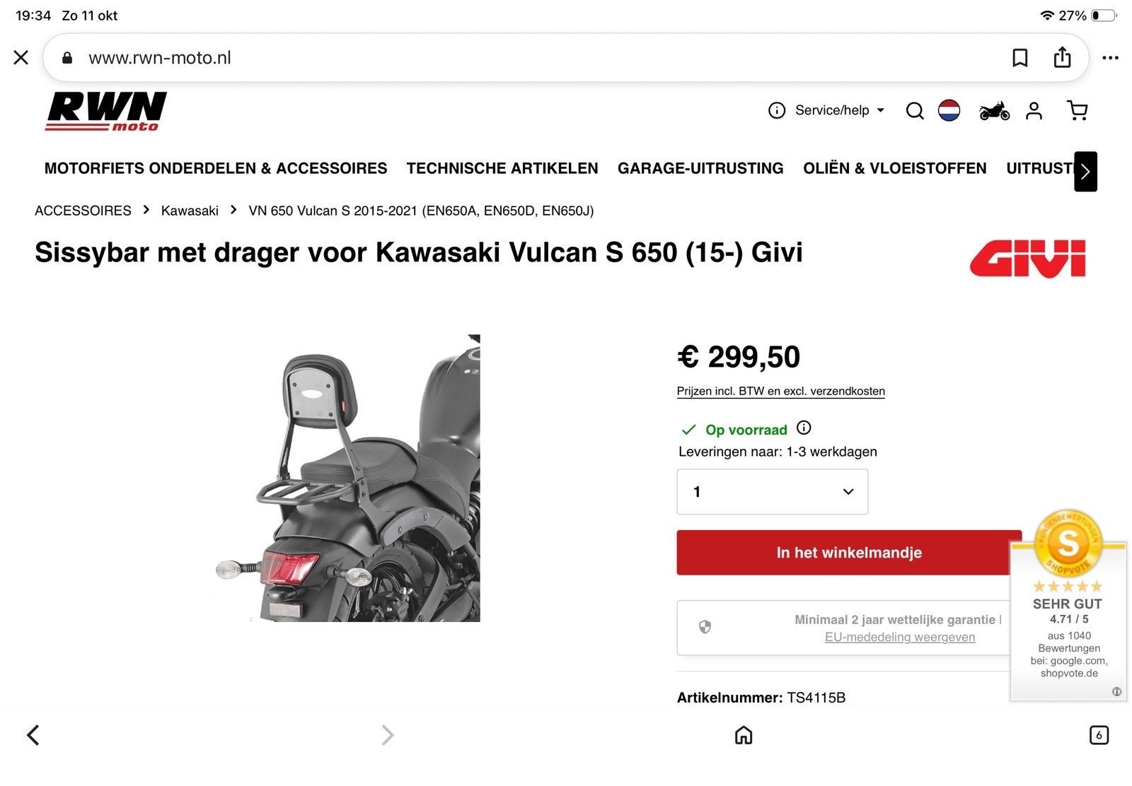 Sissybar met drager voor Kawasaki Vulcan S 650 (15-) Givi, Motoren, Ophalen of Verzenden, Nieuw