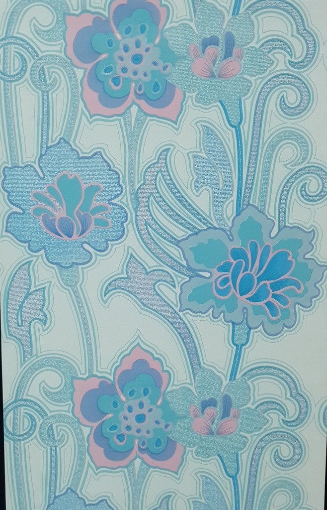 13710 Groovy bloemen behang jaren 70 in blauw en roze swiet, Ophalen of Verzenden, Roze