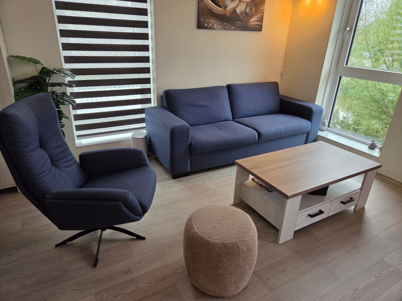 Complete woonkamer: bank, draaistoel, poef, salontafel, Ophalen, Gebruikt, Hout