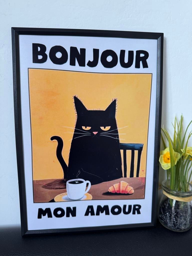 Bonjour Mon Amour Poster Ingelijst 21x30cm - Kat, Ophalen of Verzenden, Nieuw, Foto of Poster