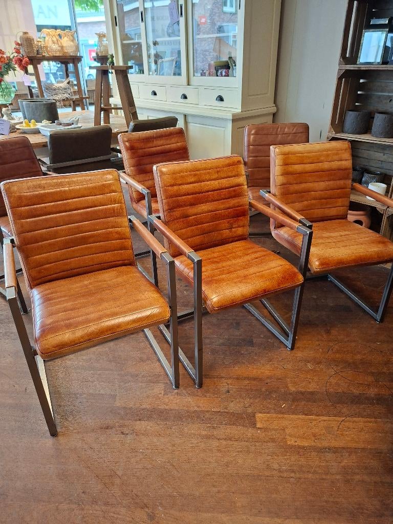 Set van 6 vintage lederen buisframestoelen cognac, Ophalen, Gebruikt, Bruin, Vijf, Zes of meer stoelen