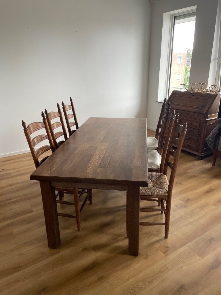 GRATIS AFHALEN eikenhouten eettafel 200 x 90 cm + 6 stoelen, Ophalen, Eikenhout, 50 tot 100 cm, Zo goed als nieuw