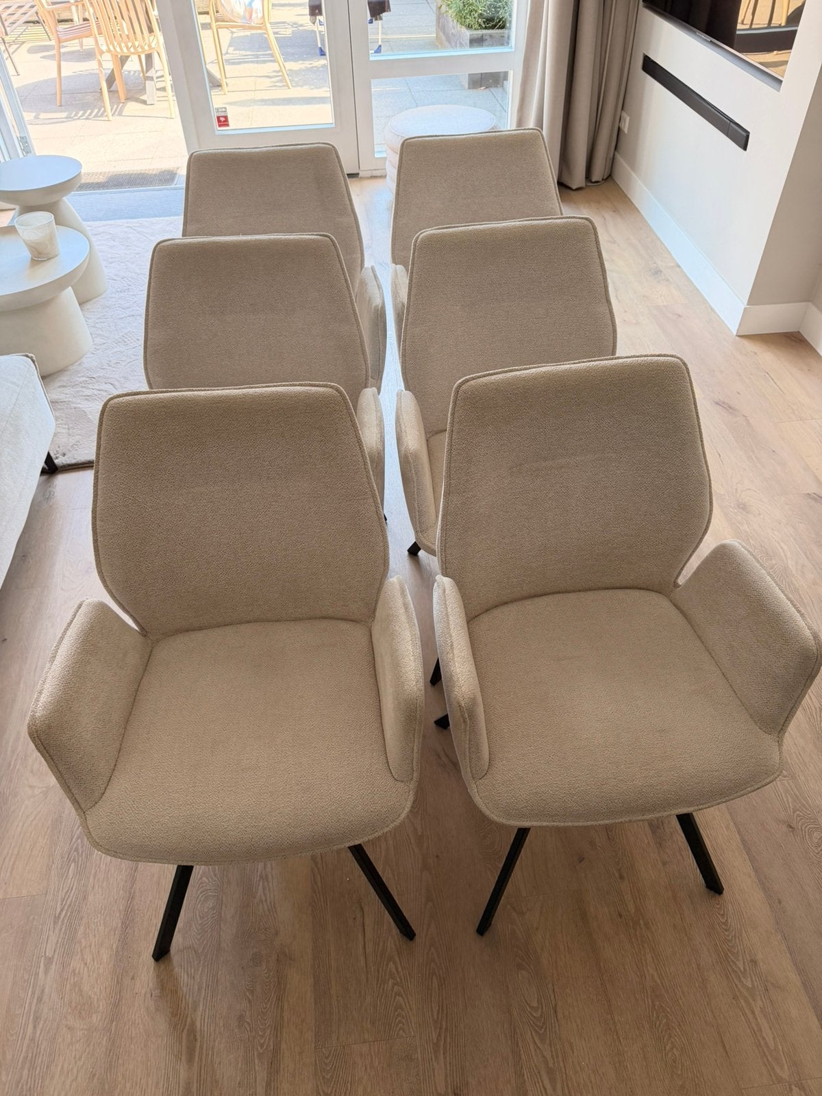 6 eetkamerstoelen met armleuning crème, Ophalen, Gebruikt, Overige kleuren, Stof