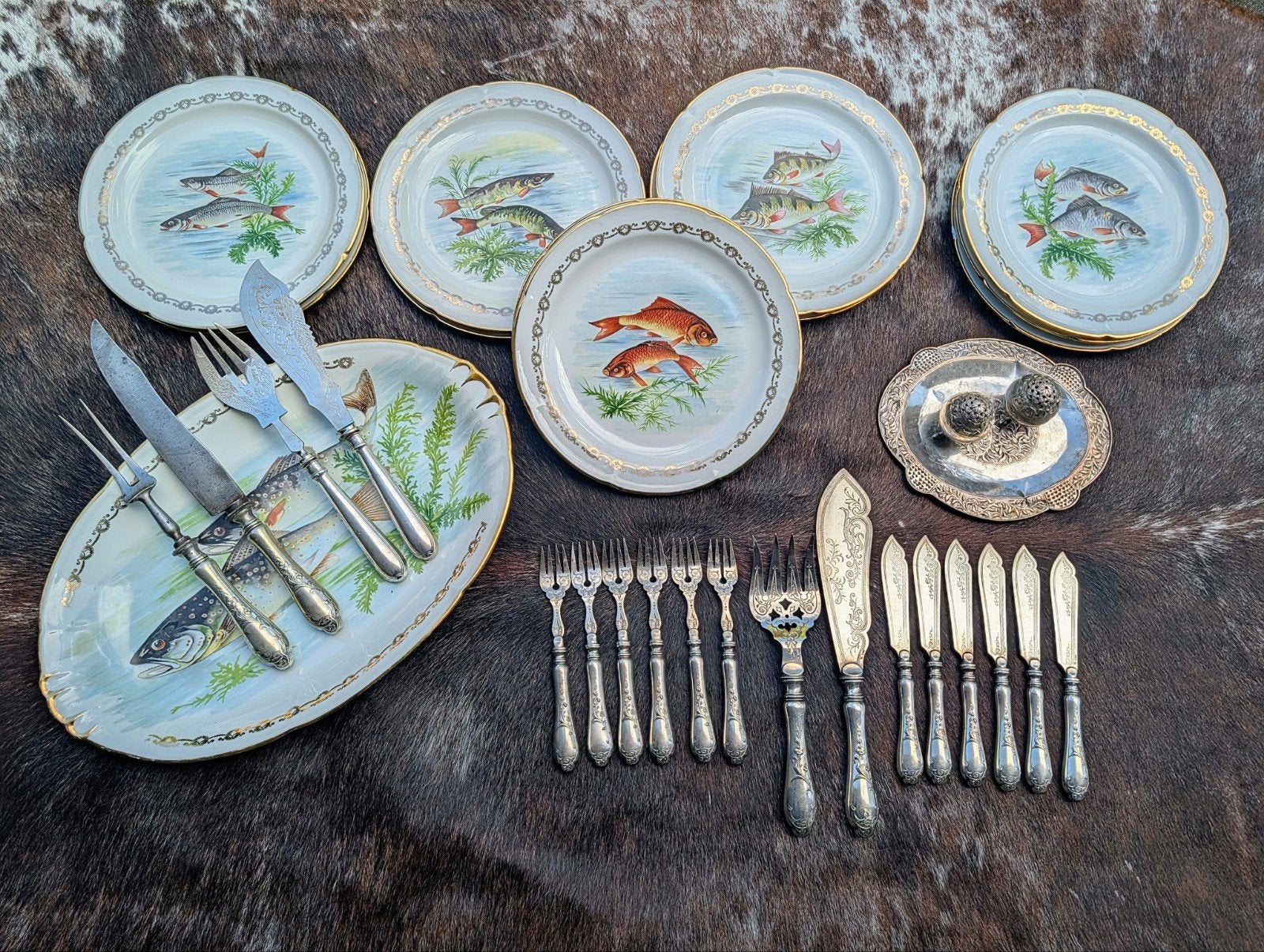 Antiek Visservies met Zilveren Bestek - Compleet Set, Antiek en Kunst, Ophalen of Verzenden