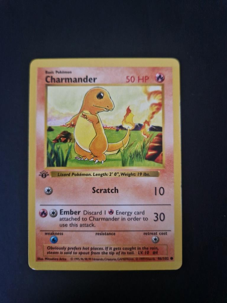 1st edition Charmander non Holo Shadowless Base.WOTC Pokémon, Ophalen of Verzenden, Zo goed als nieuw, Losse kaart
