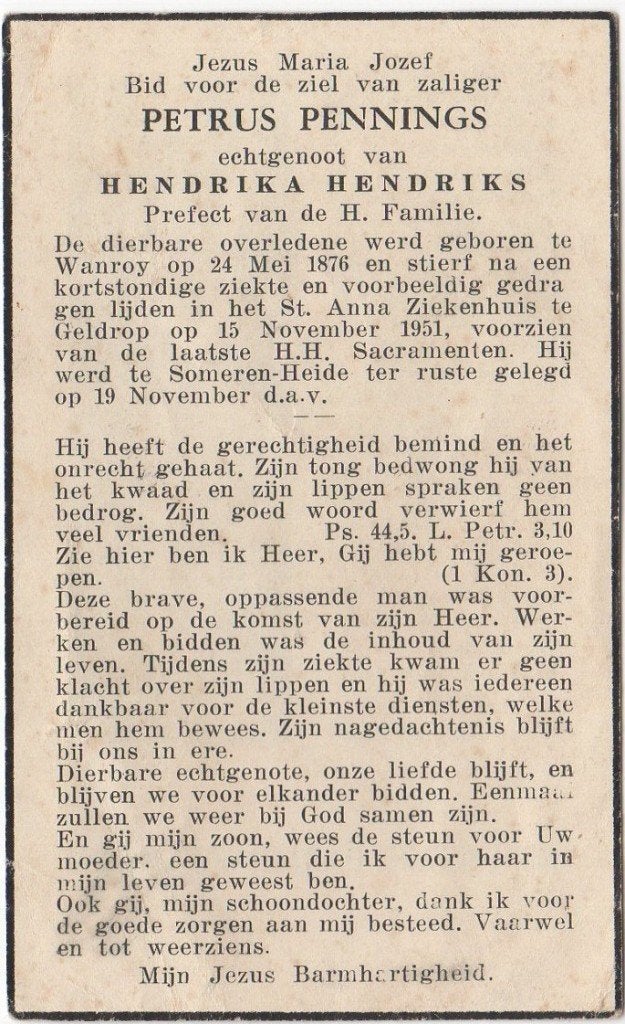 Petrus Pennings 1876 Wanroy + 1951 Geldrop, 75 jaar oud, Verzenden