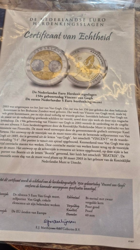Nederlandse 5 Euro Herdenkingsmunt Vincent van Gogh, Koningin Beatrix, Euro's, Goud, Ophalen of Verzenden