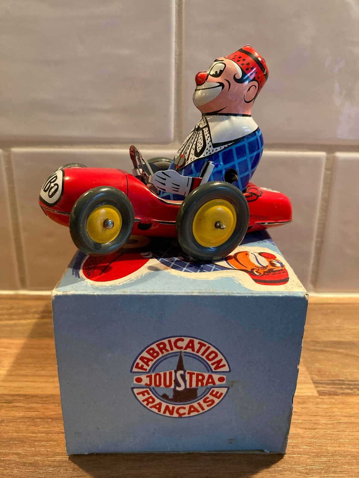 Vintage Joustra Bimbo 60 Blikken Speelgoed Auto met Clown, Ophalen