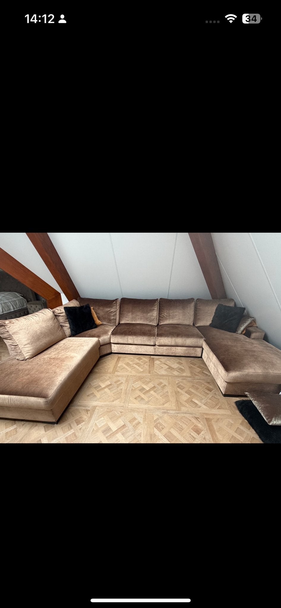 Groot U-vormig bankstel, bruin velours, Huis en Inrichting, Banken | Bankstellen, Ophalen, Gebruikt, 100 tot 125 cm, Hoekbank