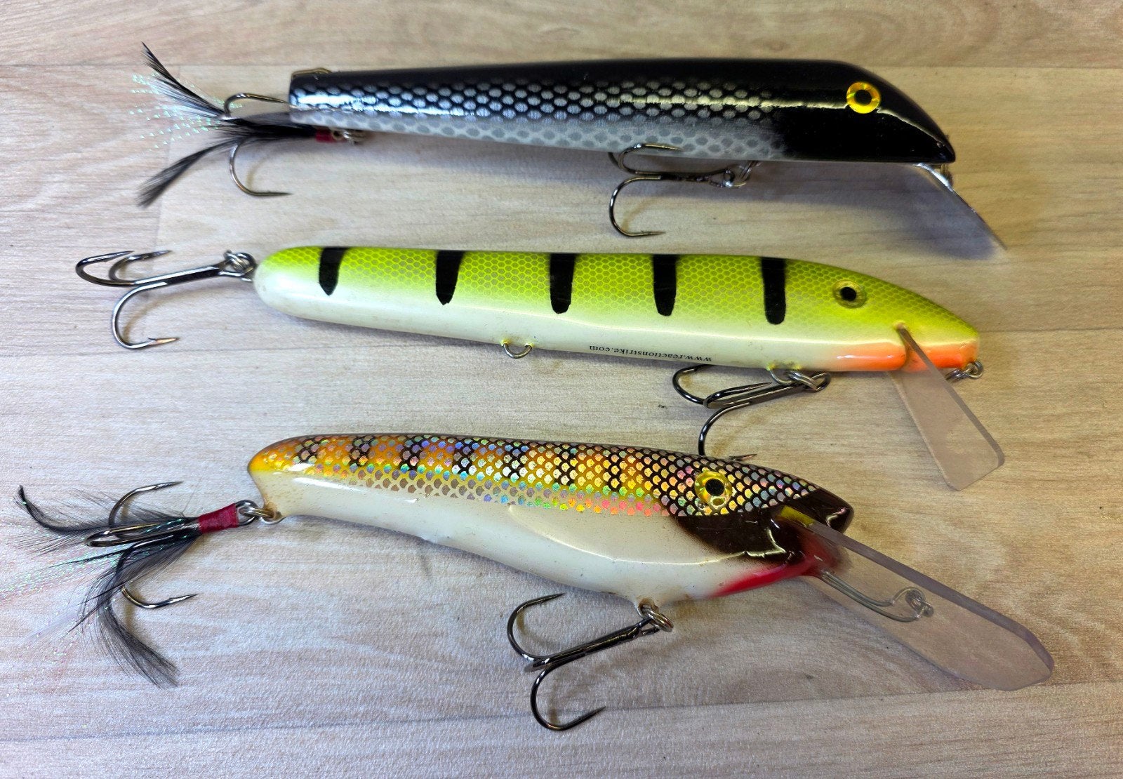 3 grote pluggen : Reaction Strike / Bobbie Bait / DerkBait, Watersport en Boten, Ophalen of Verzenden, Zo goed als nieuw, Overige typen
