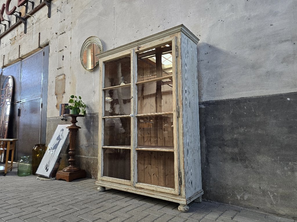 XL Vintage Houten Vitrinekast Wit | Grote Witte Vitrine Kast, Huis en Inrichting, Grenenhout, Ophalen of Verzenden, 150 tot 200 cm