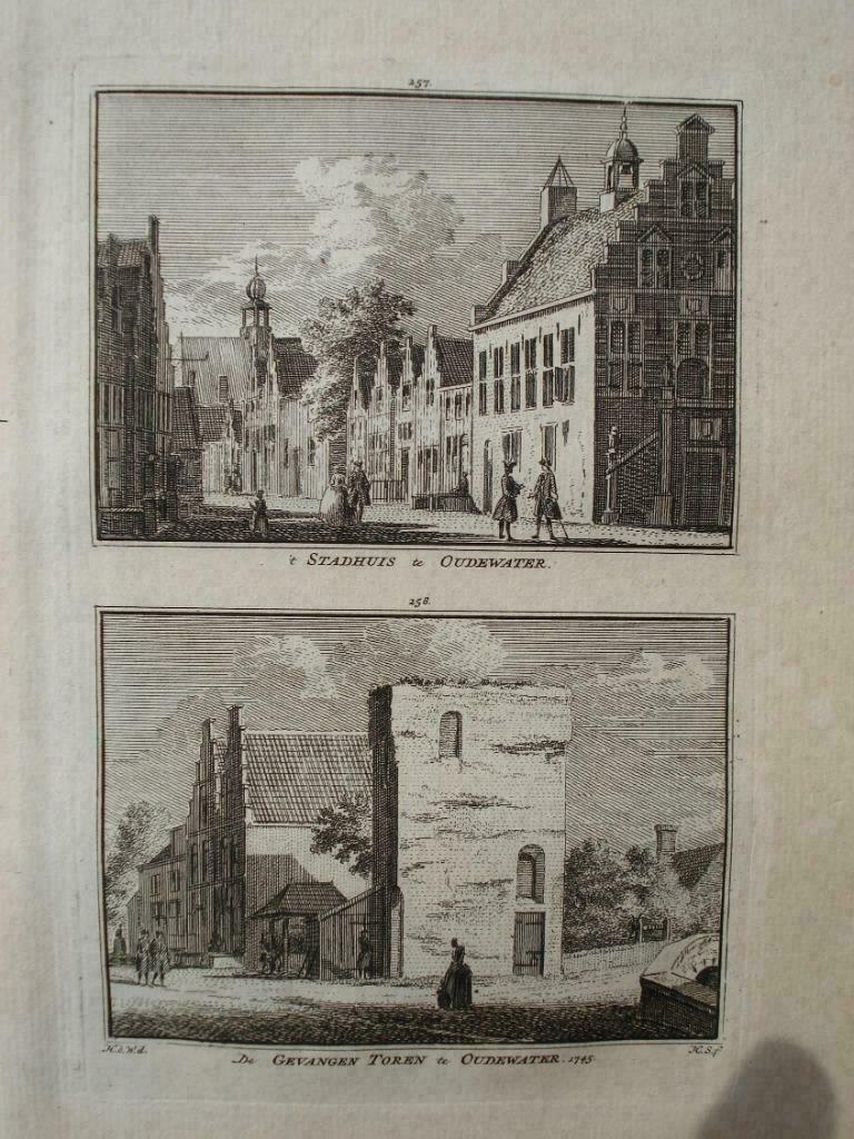 257-258 / Oudewater Stadhuis en Gevangen Toren Kopergravure, Antiek en Kunst, Kunst | Etsen en Gravures, Ophalen of Verzenden