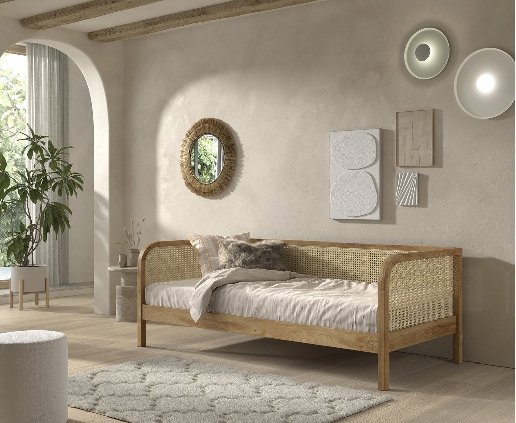 Olive kajuitbed rotan - 90x200 - Massief eiken, Niet ingevuld, Niet ingevuld, Niet ingevuld
