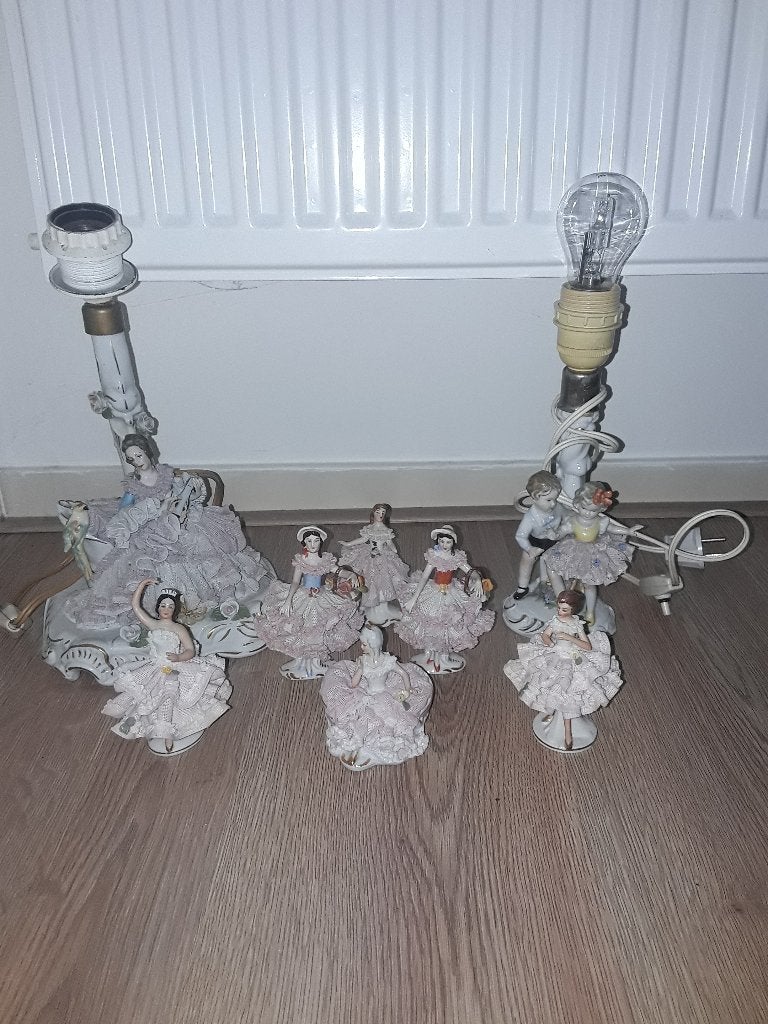 Dresden porselein 2 lampen en 6 beeldjes, Verzenden, Gebruikt, Mens