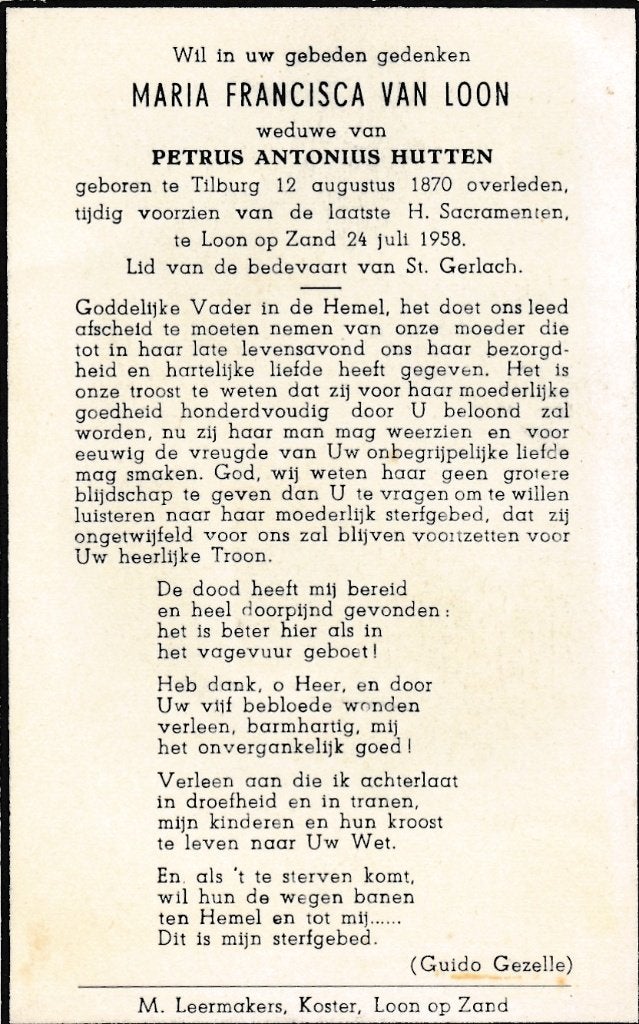 Loon Maria 1870 Tilburg 1958 Loon op Zand, Ophalen of Verzenden, Bidprentje
