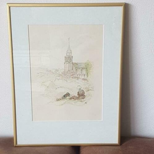 Orig aquarel zicht oude kerk Scheveningen nettenboetster MB, Ophalen