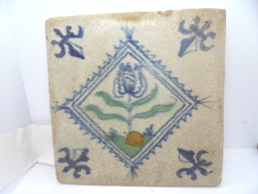 antiek tegel kwadraat postzegel polychroom tulp 17 eeuw, Antiek en Kunst, Ophalen of Verzenden