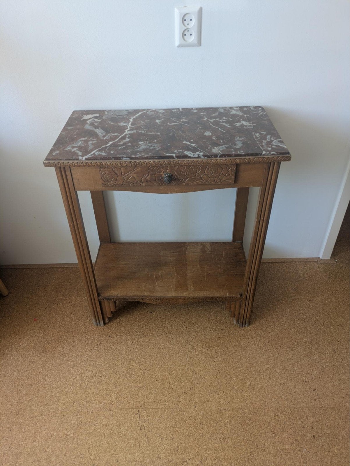 Antieke houten sidetable met marmeren blad en lade, Ophalen