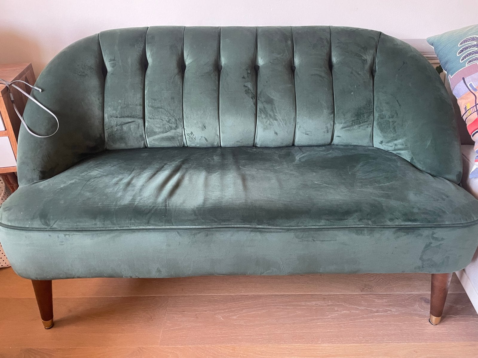 Groene fluwelen tweepersoonsbank, Ophalen, Gebruikt, Art deco, Minder dan 75 cm