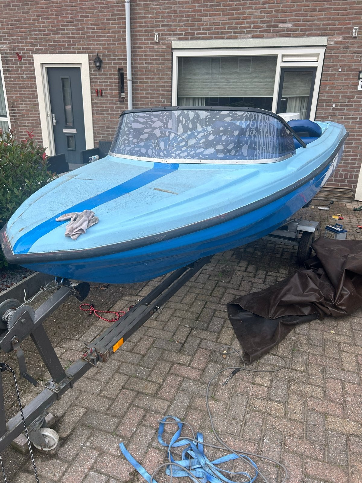 Blauwe speedboot met Johnson buitenboordmotor, Watersport en Boten, Ophalen, Overige merken, Gebruikt, Tot 1.00 meter