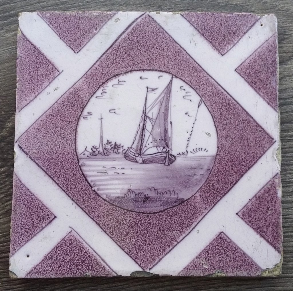 18 de eeuw Bodemvondst Tegel Schip Zeilschip Kotter Klipper, Antiek en Kunst, Ophalen of Verzenden