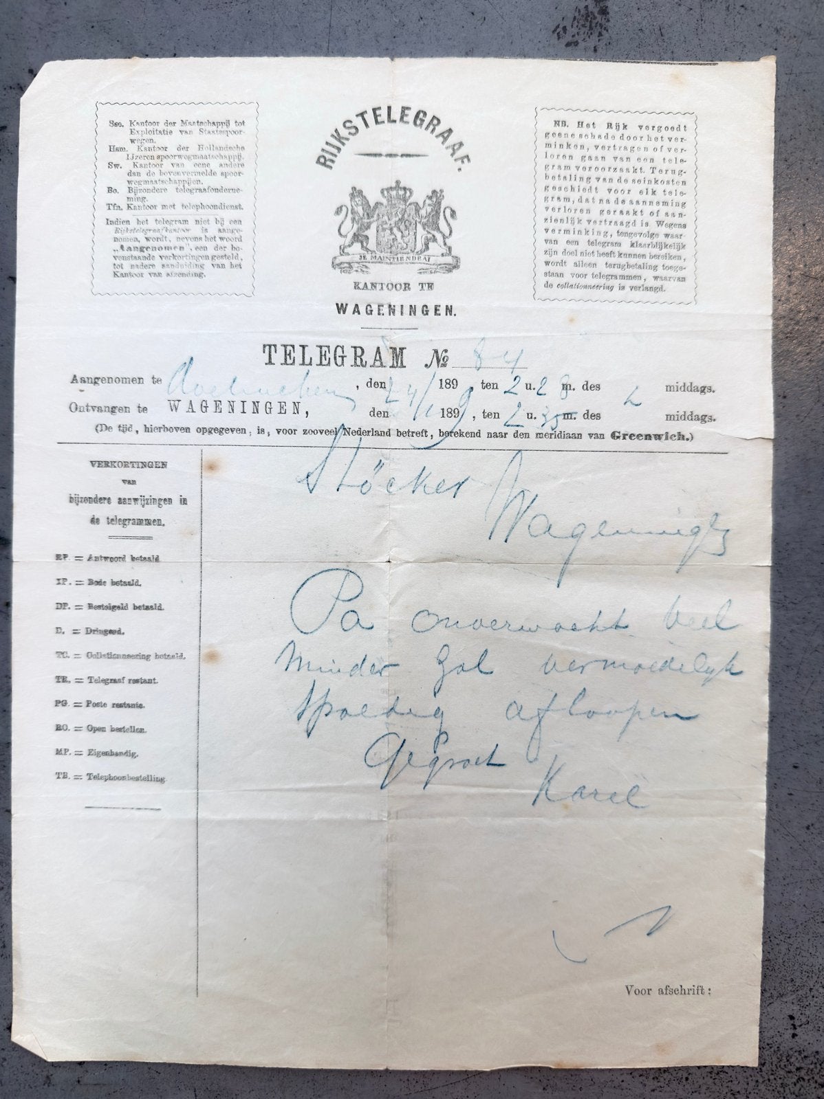 Telegram Wageningen 1899, Ophalen of Verzenden