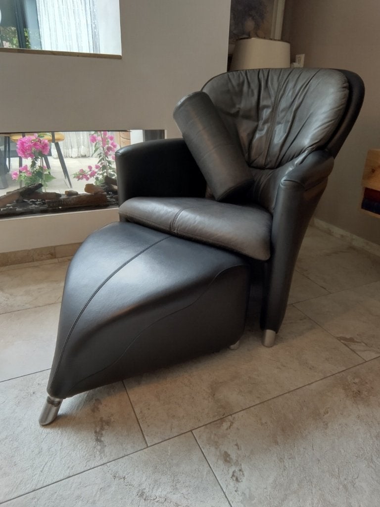 Leolux Excalibur twotone leder met hocker en kussen, Ophalen, 75 tot 100 cm, Zo goed als nieuw, 75 tot 100 cm