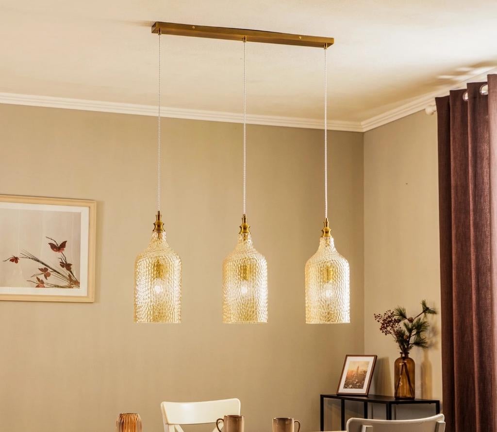 Elegante Eettafel Hanglamp met 3 Glazen Kappen, Ophalen, Nieuw, Glas, 75 cm of meer