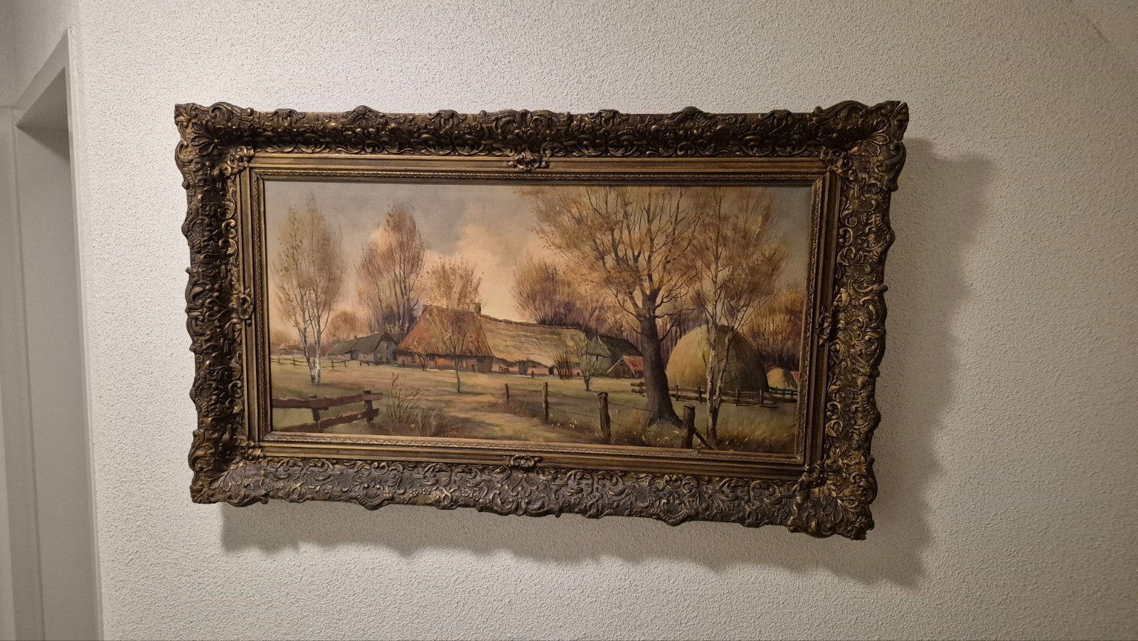 Klassiek Landschap Schilderij met Boerderij en Hooiberg, Antiek en Kunst, Kunst | Schilderijen | Klassiek, Ophalen, Doek, Origineel werk