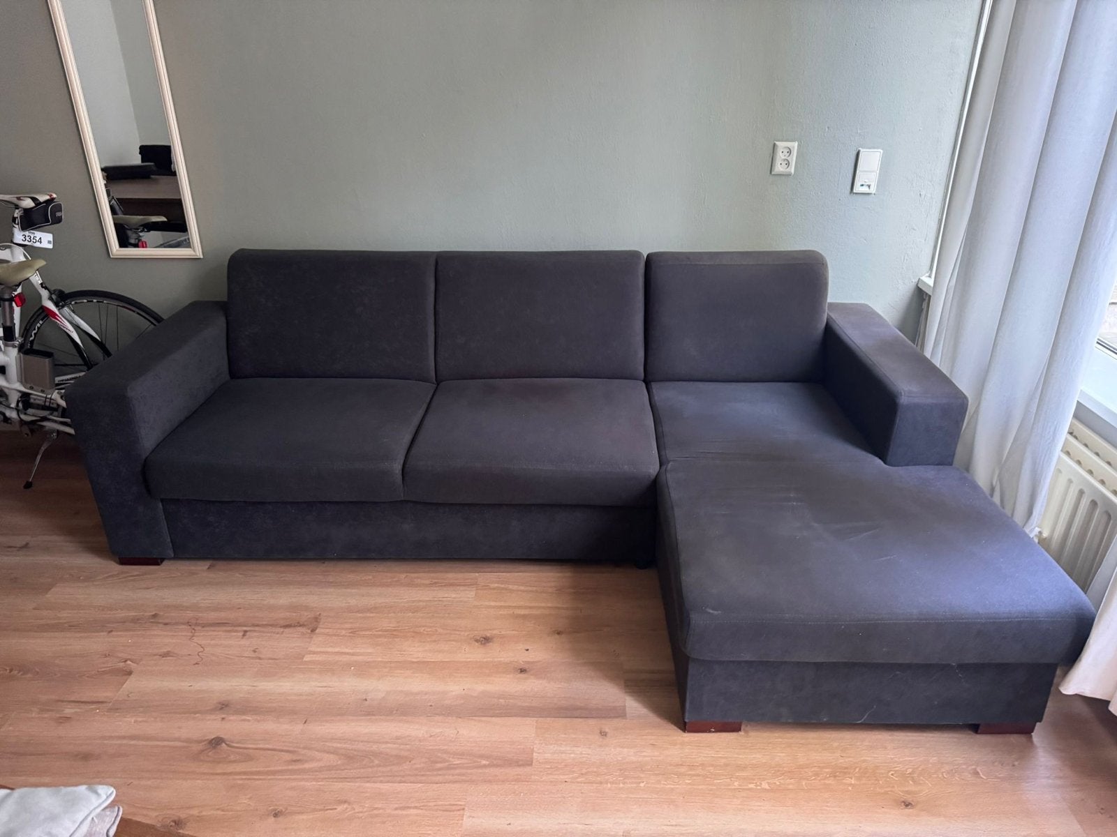 Hoekbank donkergrijs/antraciet met chaise longue, 250 tot 300 cm, Gebruikt, 125 tot 150 cm, Hoekbank