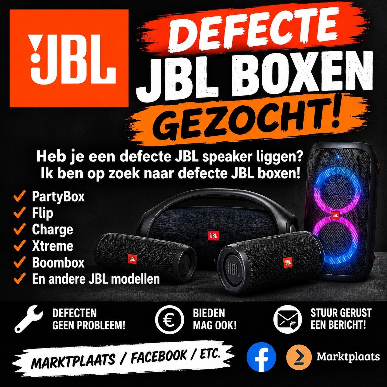 Defecte JBL speakers gezocht! PartyBox, Flip, Charge, Xtreme, Ophalen, Niet werkend, Draagbare speaker, JBL