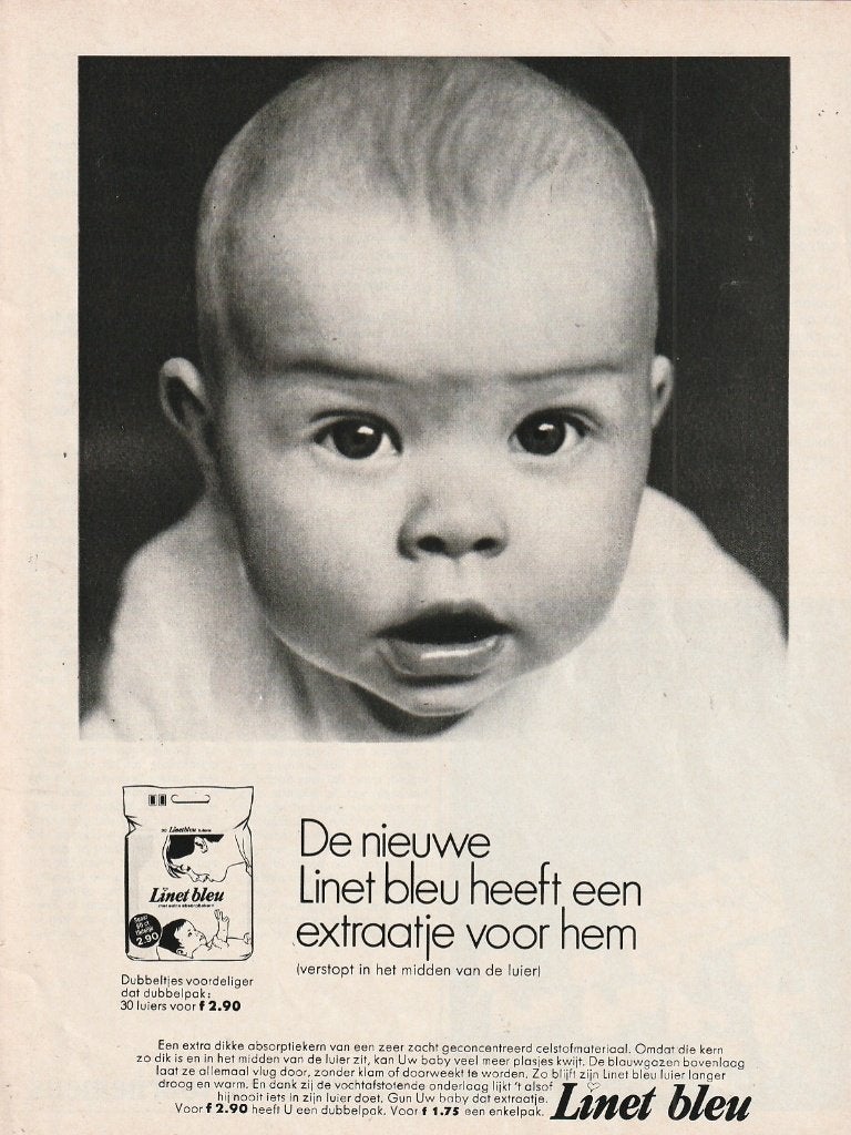 Retro reclame 1968 Linet Bleu baby luiers met extraatje, Verzenden, Overige typen