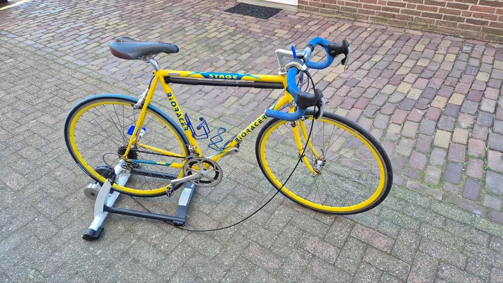 Bioracer retro wielrenfiets jaren 90 met Tacx fietstrainer, 28 inch, Gebruikt, Staal, 15 tot 20 versnellingen