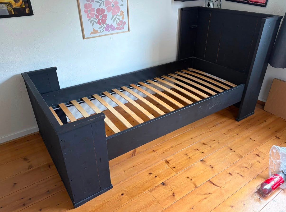 Steigerhouten eenpersoonsbed 90x200 – Zwart, Ophalen, 90 cm, Eenpersoons, Zwart