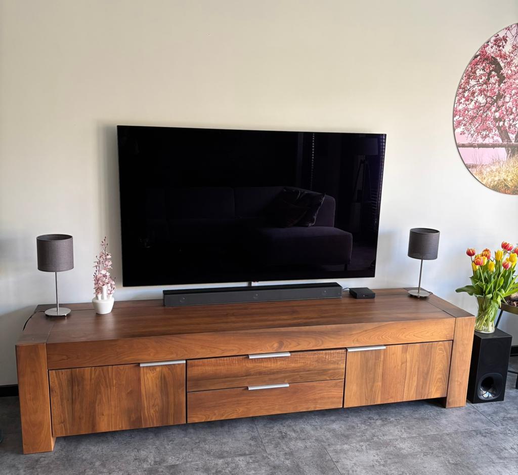 Goossens Massief houten TV meubel (220x55x45) notenhout, Ophalen, Gebruikt, 25 tot 50 cm, Minder dan 100 cm