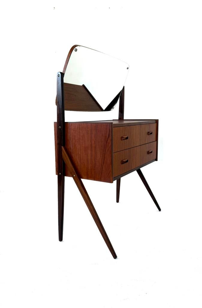 Vintage Deense teakhouten kaptafel met spiegel ‘60, Vintage retro buisframe design rotan webbing papercord deens, 100 tot 150 cm
