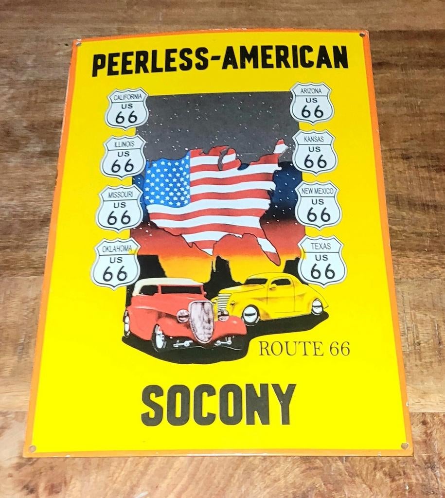 Emaille Bord Peerless-American Socony Route 66, Ophalen of Verzenden, Gebruikt, Reclamebord