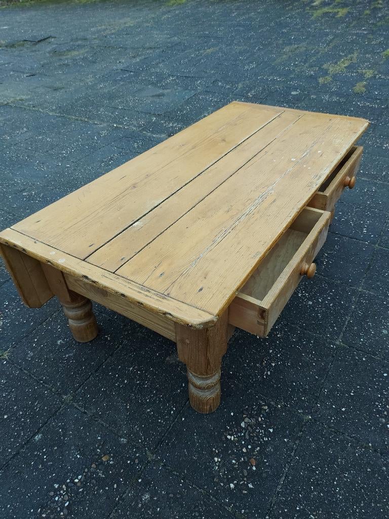 Antieke geloogd grenen salontafel met uitklapbaar deel, Huis en Inrichting, Ophalen, Gebruikt, 100 tot 150 cm, 50 tot 100 cm