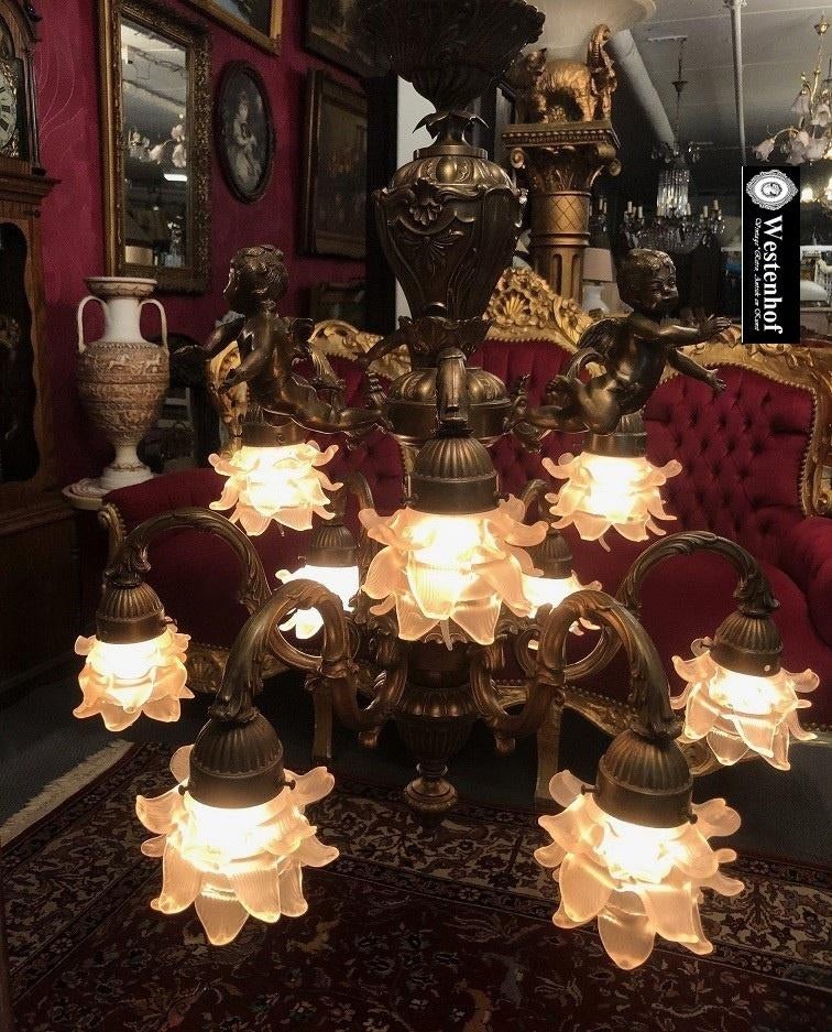 Grote kroonluchter antiek barok engelen beeld brons, Huis en Inrichting, Ophalen of Verzenden, Gebruikt, Glas, Antiek / klassiek