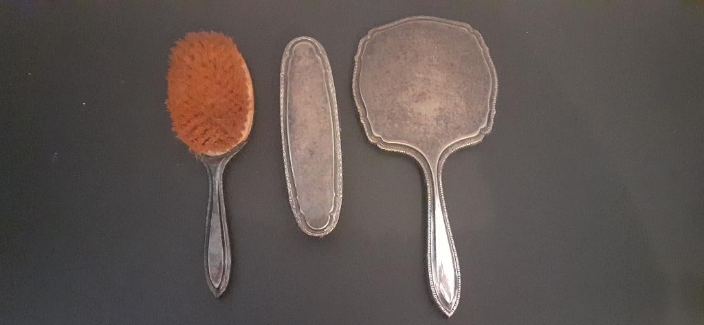 Zilveren kaptafel set zilver 3 delig (spiegel + borstels) !, Antiek en Kunst, Antiek | Goud en Zilver, Ophalen of Verzenden, Zilver