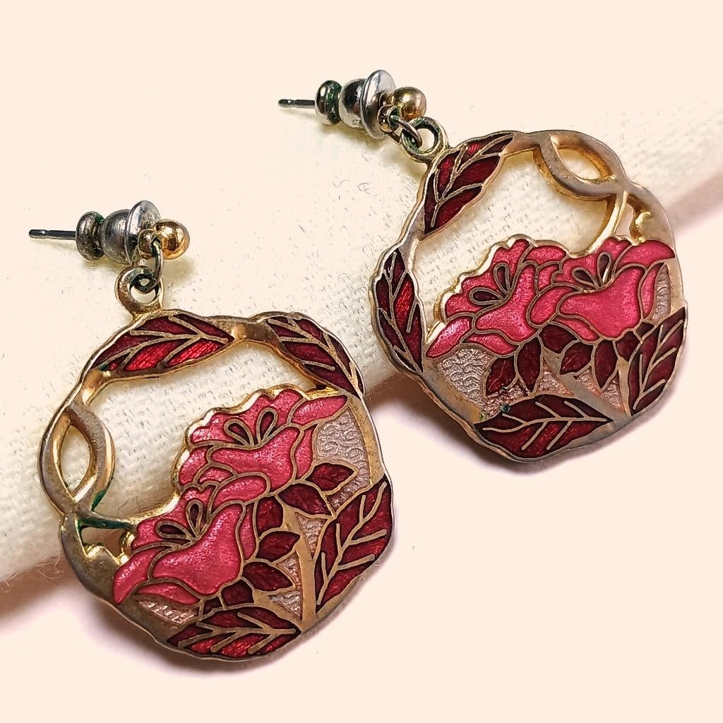 Vintage Fish Crown cloisonné roze bloemen oorbellen, Hangers, Verzenden, Roze, Glas