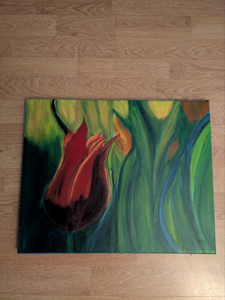 Schilderij van een tulp 50 x 40 cm, Ophalen of Verzenden, Minder dan 50 cm, Schilderij, Minder dan 50 cm