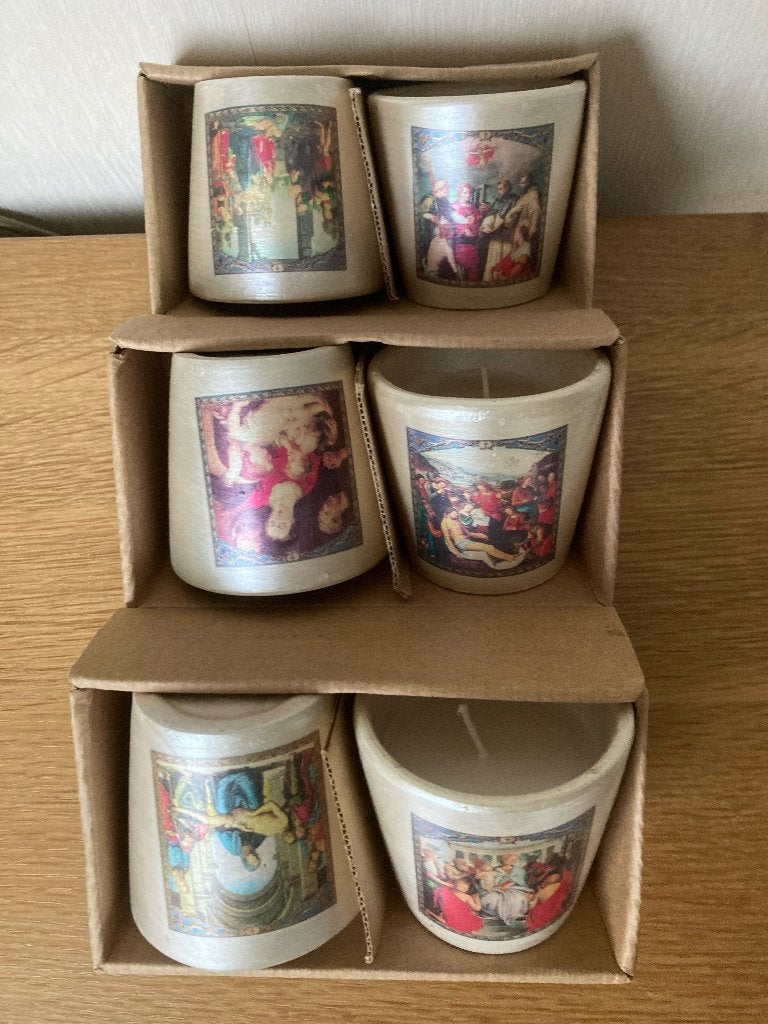 6 nieuwe kaars potjes 7 cm hoog 6 x religieuze opdruk, Ophalen of Verzenden, Kaars