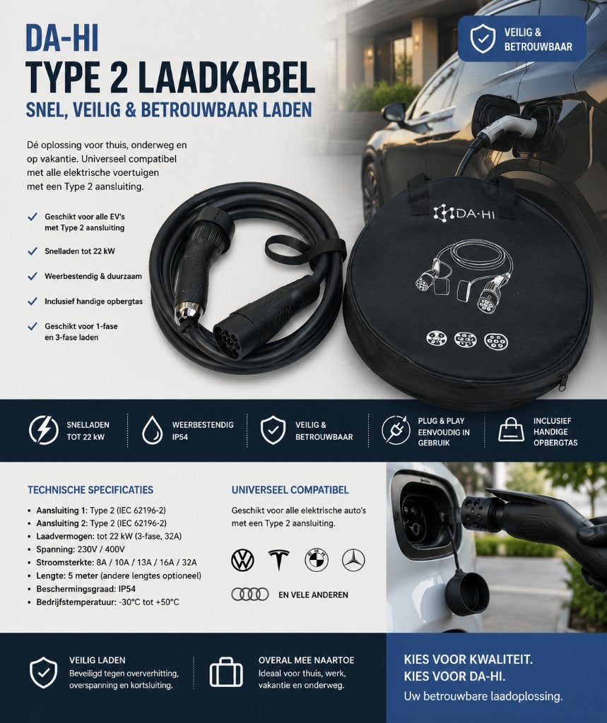 DA-HI Type 2 Laadkabel EV – Incl Opbergtas – 22 kW – 5 Meter, Auto diversen, Laadpalen, Ophalen of Verzenden, Gebruikt, Laadkabel
