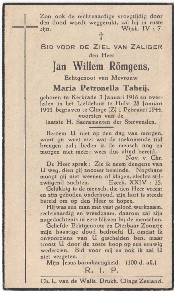 Jan Willem Römgens 1916 Kerkrade + 1944 Hulst, 28 jaar, Verzamelen, Bidprentjes en Rouwkaarten, Verzenden