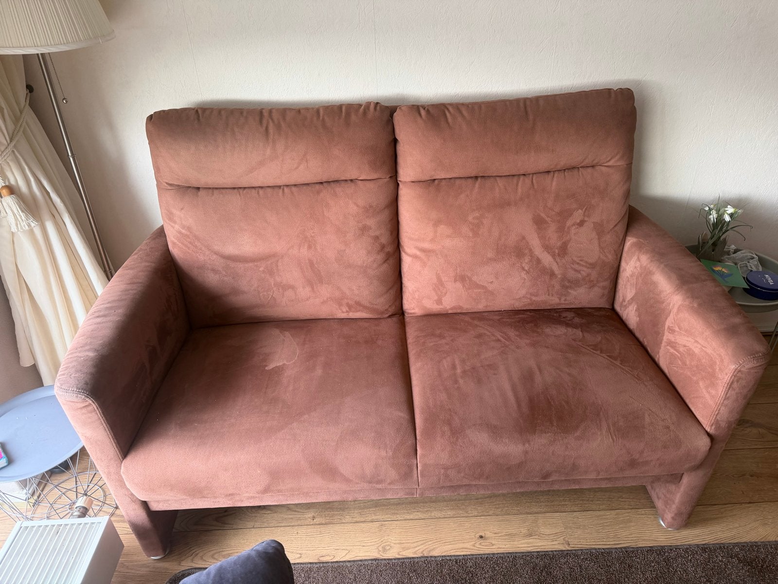 Comfortabele 2-zitsbank en fauteuil - roze/bruin stof, Gebruikt, 150 tot 200 cm, Tweepersoons, 75 tot 100 cm