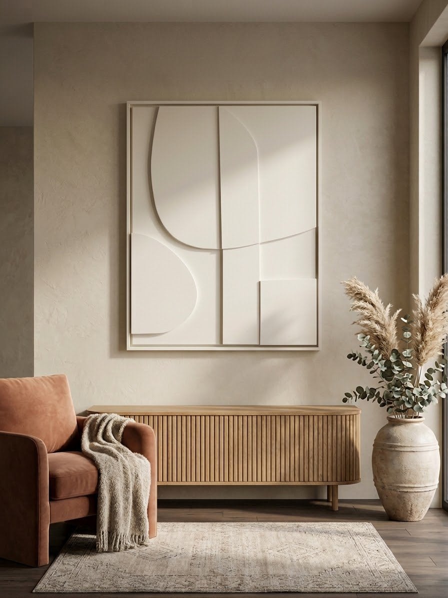 Modern Abstract 3D Kunstwerk - parelwit handmade (60x80), Ophalen of Verzenden