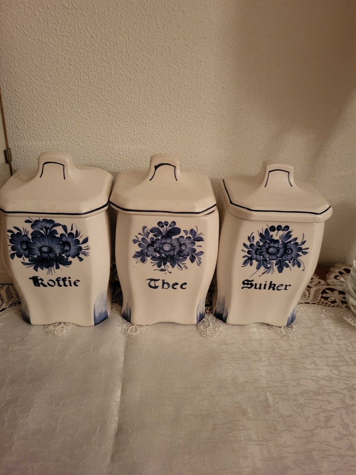 Delfts blauwe voorraadpotten: Koffie, Thee, Suiker, Antiek en Kunst, Ophalen of Verzenden