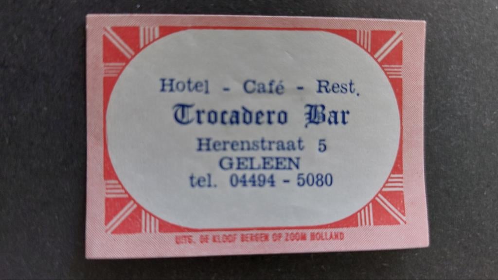 Luciferetiket, Geleen, Trocadero Bar hotel café rest., Verzenden, Zo goed als nieuw, Luciferdoosjes of -merken
